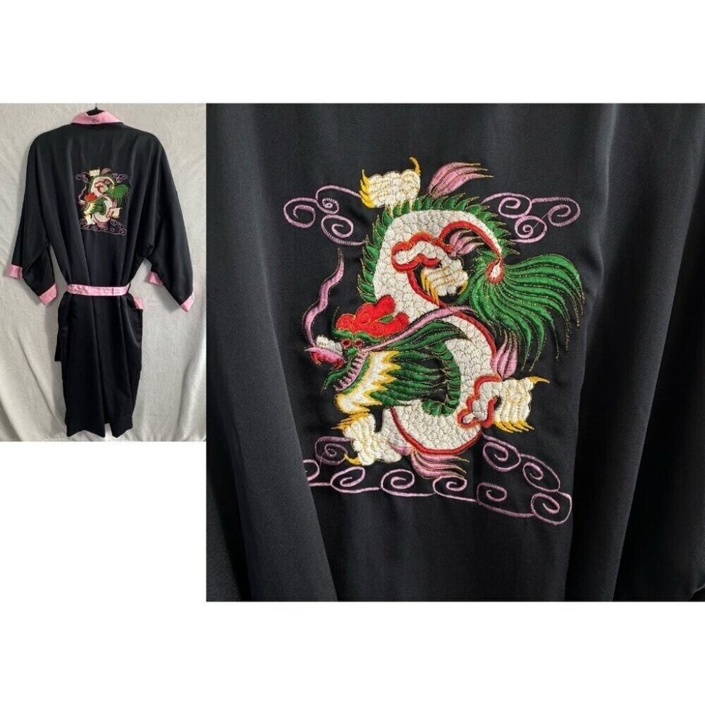 JAPANESE Women Reversible Embroidered Dragon Kimono Robe One SZ Black Pink 65-3